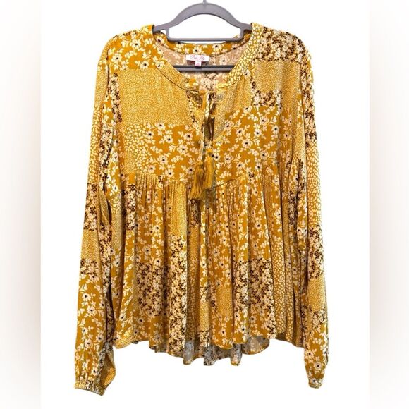 Pink Lily Boho Floral Patchwork Tassel Tie Babydoll Blouse Gold Yellow Medium - Picture 2 of 8